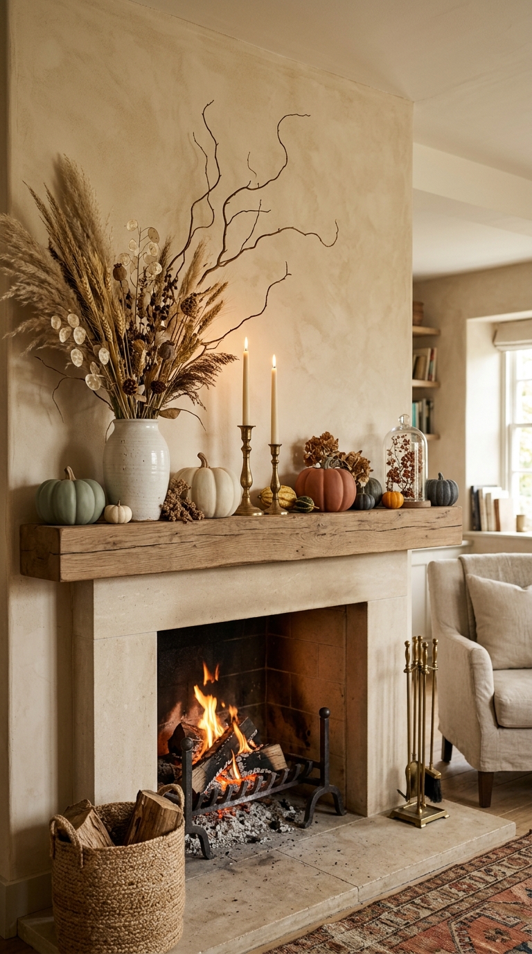 Fireplace mantel styled with pumpkins, branches, and candles
