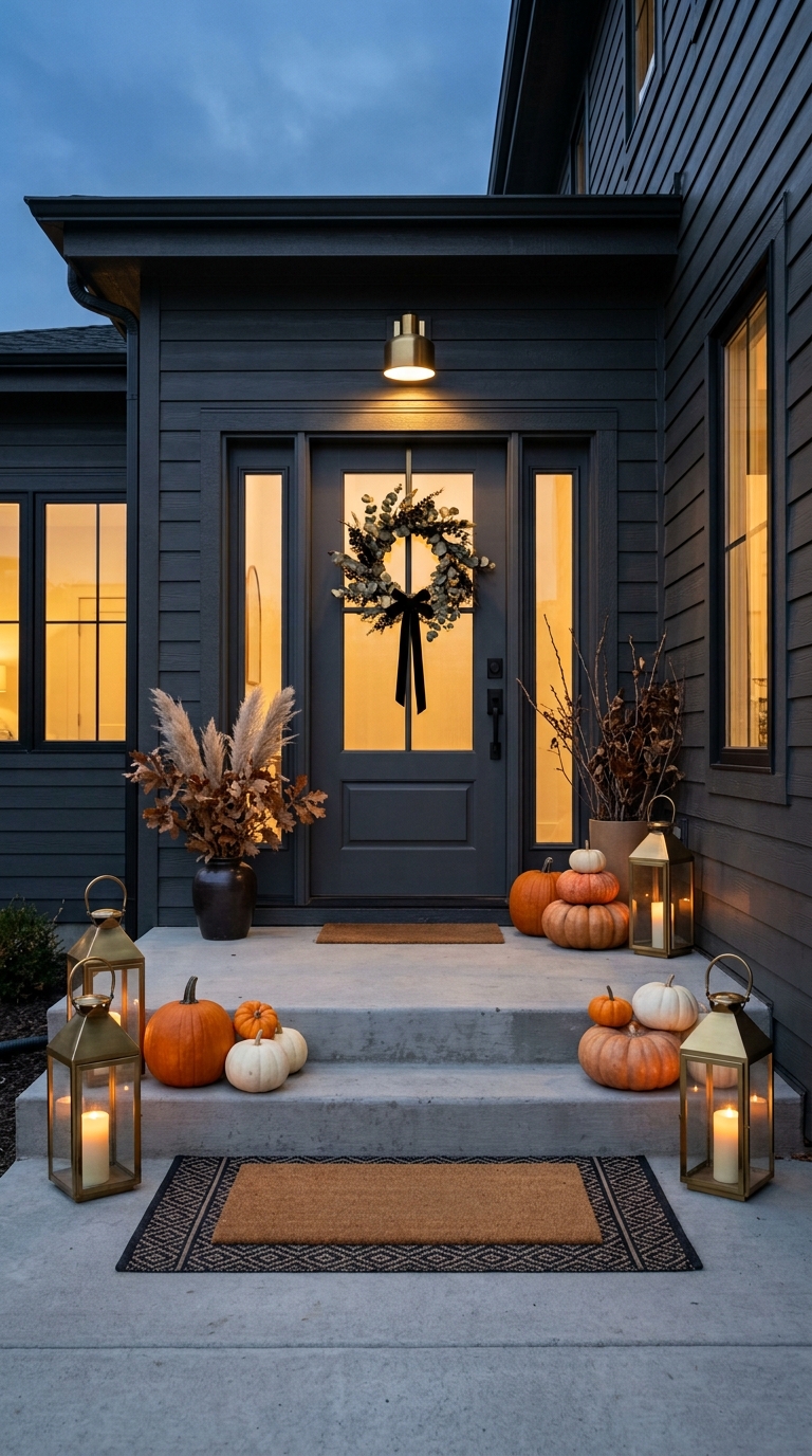 Modern Halloween porch styled with pumpkins, dried branches, and warm lanterns