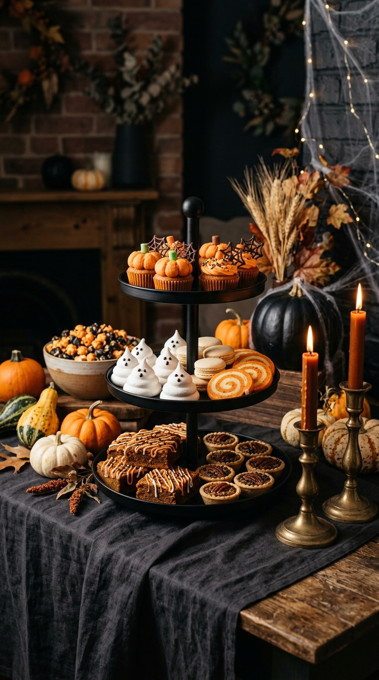 Styled Halloween snack table with tiered treats