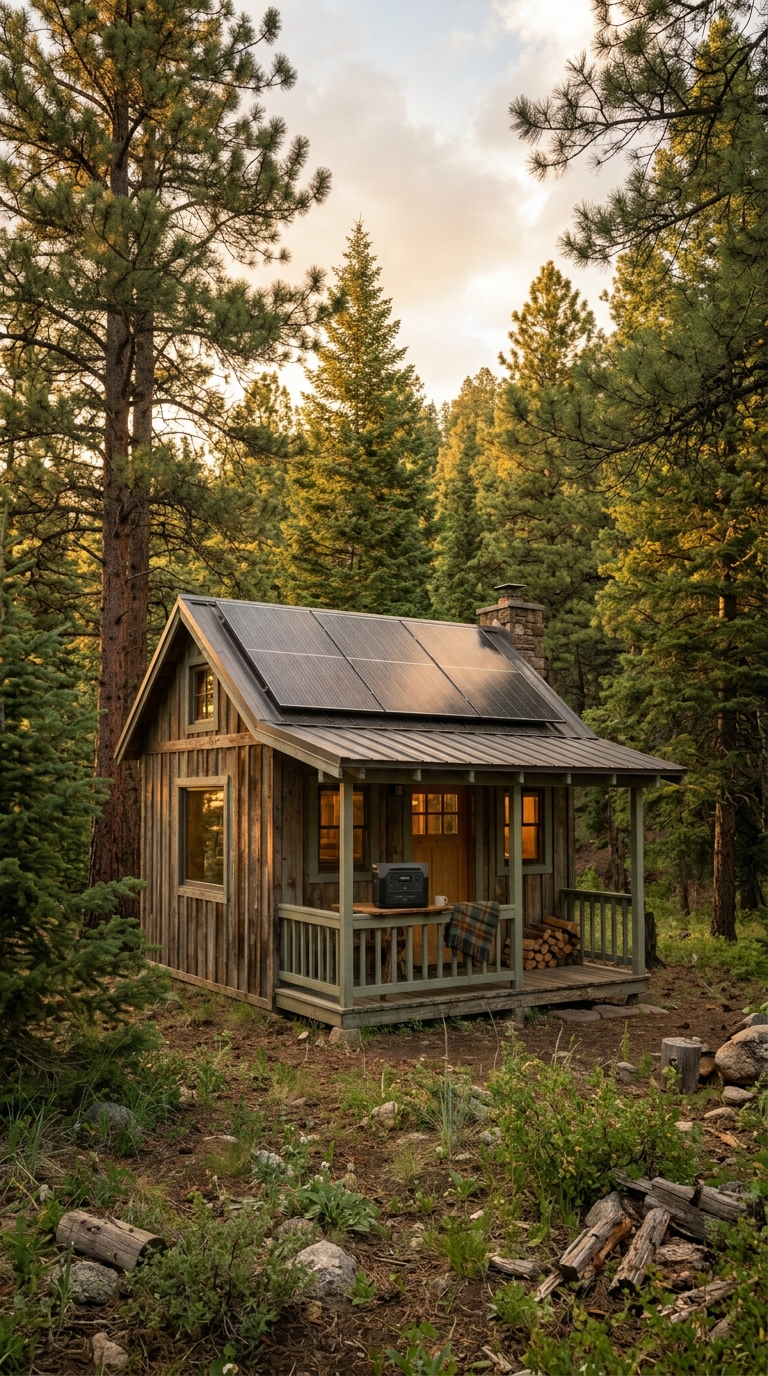 Solar panels on a wooden cabin roof in a pine forest clearing at golden hour
