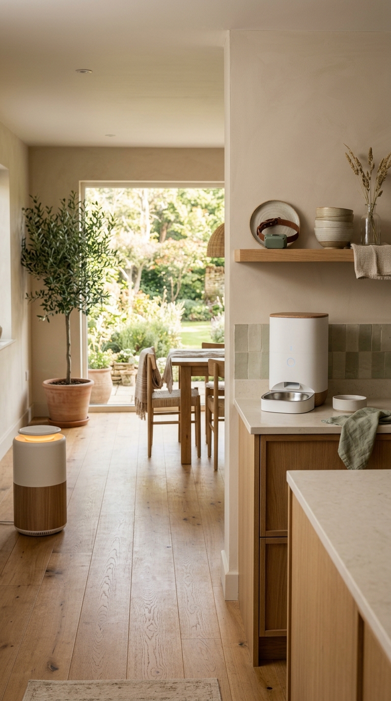 Modern home interior with automatic pet feeder and compact air purifier on shelving