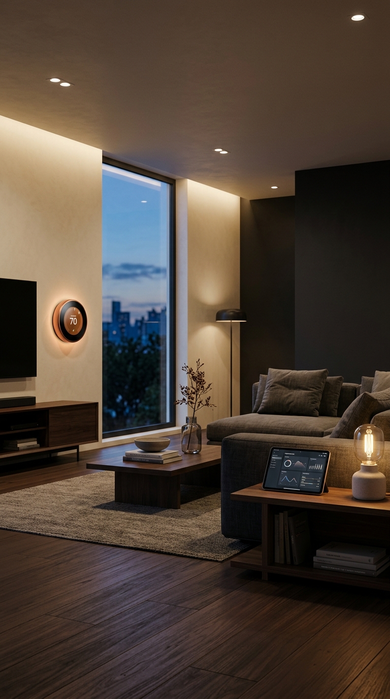 Minimal modern living room with a smart thermostat glowing softly at dusk