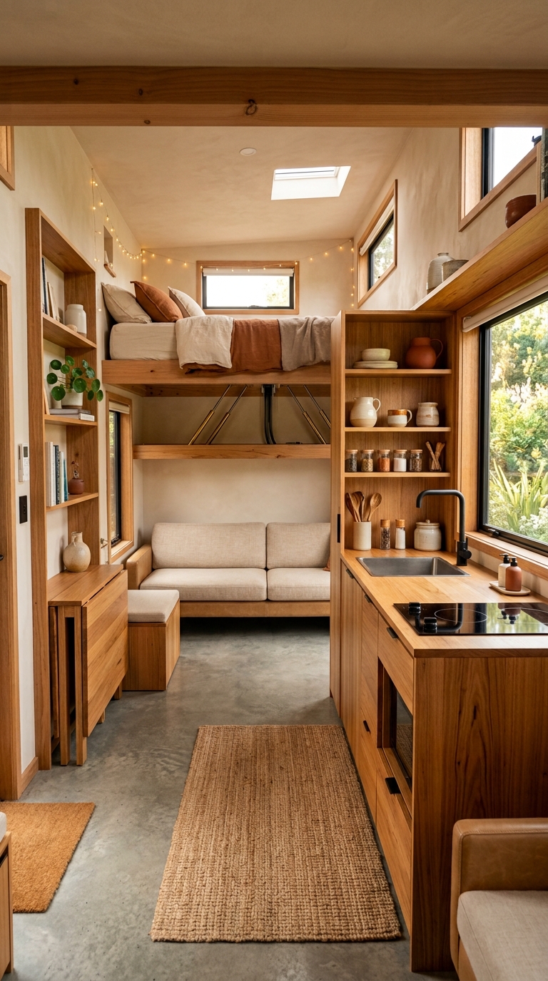 Beautifully organised tiny home interior with compact kitchen and fold-flat furniture